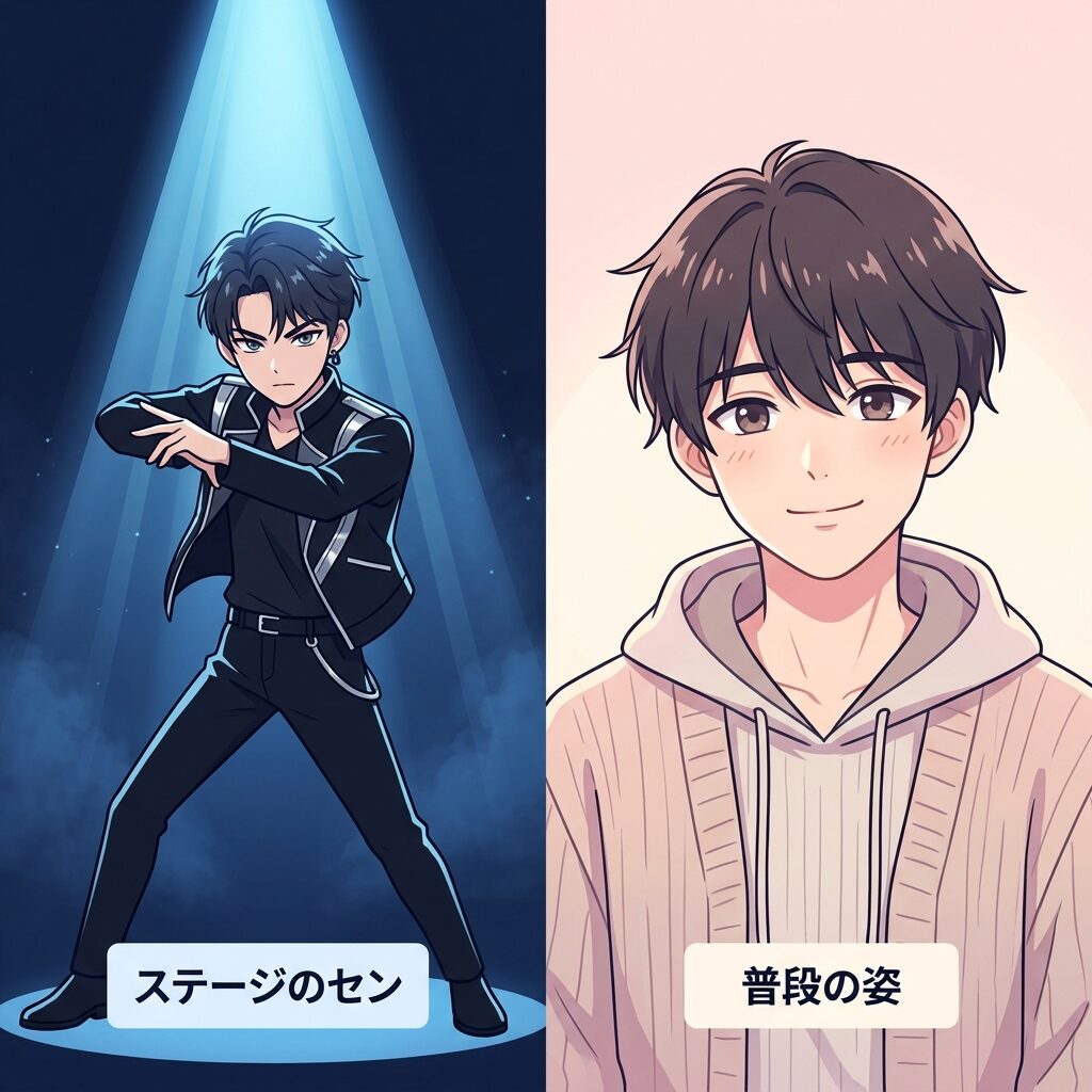 センさんのステージと素顔のギャップを表したイラスト図解