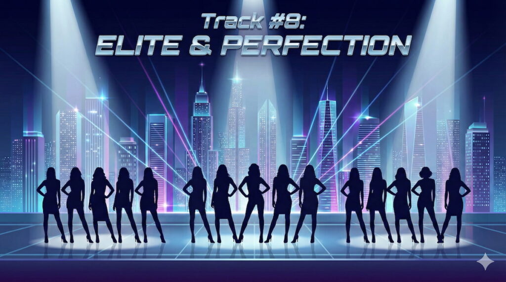 『HIP POP Princess』Track #8に進出した上位15名のメンバーが、3つのチームに分かれて洗練されたステージに立つ、エリート集団と完成度の高さを象徴するイメージイラスト。
