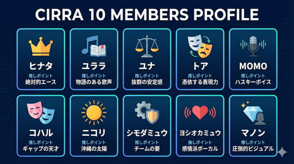 CIRRAデビューメンバー10人の特徴と魅力をまとめた一覧表