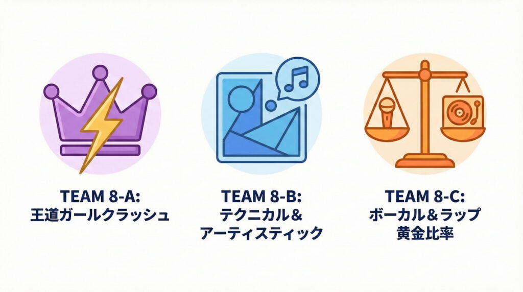 Track #8の3チーム（TEAM 8-A, 8-B, 8-C）それぞれの予想されるコンセプト（王道ガールクラッシュ、テクニカル＆アーティスティック、ボーカル＆ラップ黄金比率）を象徴するアイコン図解。