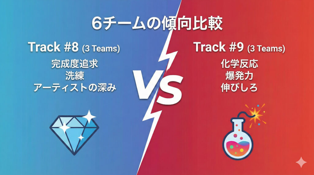 『HIP POP Princess』Track #8（完成度追求・洗練）とTrack #9（化学反応・爆発力）の計6チームにおける技術傾向と課題の違いを比較したチャート図解。
