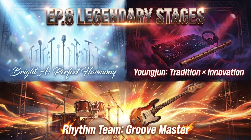スハクル第8話で話題となった3つのステージのイメージイラスト。Bright Aの完璧なハーモニー、Youn Youngjunの伝統楽器とDJの融合、HagiwaとMashaによる圧巻のリズム隊セッションの様子。