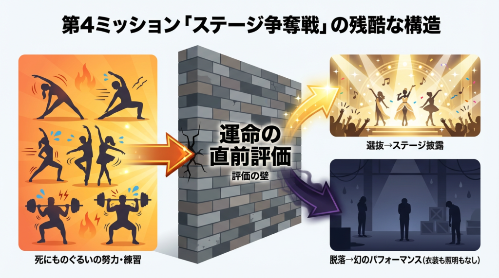 ヒポプリ第4ミッション「ステージ争奪戦」の過酷な構造を示すイラスト図解。努力しても直前評価で選ばれなければステージに立てず、パフォーマンスが幻となってしまう残酷な現実を表現。
