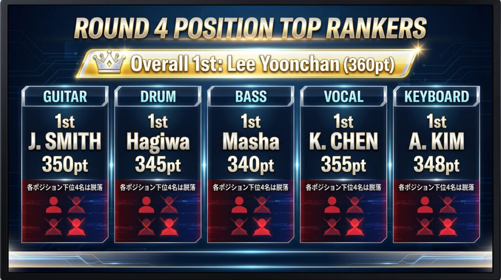 スハクル第8話のランキング結果ハイライト。全体1位のLee Yoonchanをはじめ、ドラム1位Hagiwa、ベース1位Mashaなど各ポジションのトップ通過メンバーと脱落ゾーンの対比イメージ。