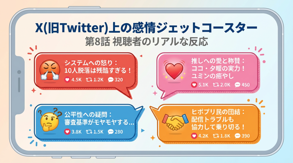 ヒポプリ第8話で発表された「最大10名脱落」という過酷なルールと、参加者ユジュの評価を巡る公平性の議論(実力対人気)をまとめた図解イラスト。