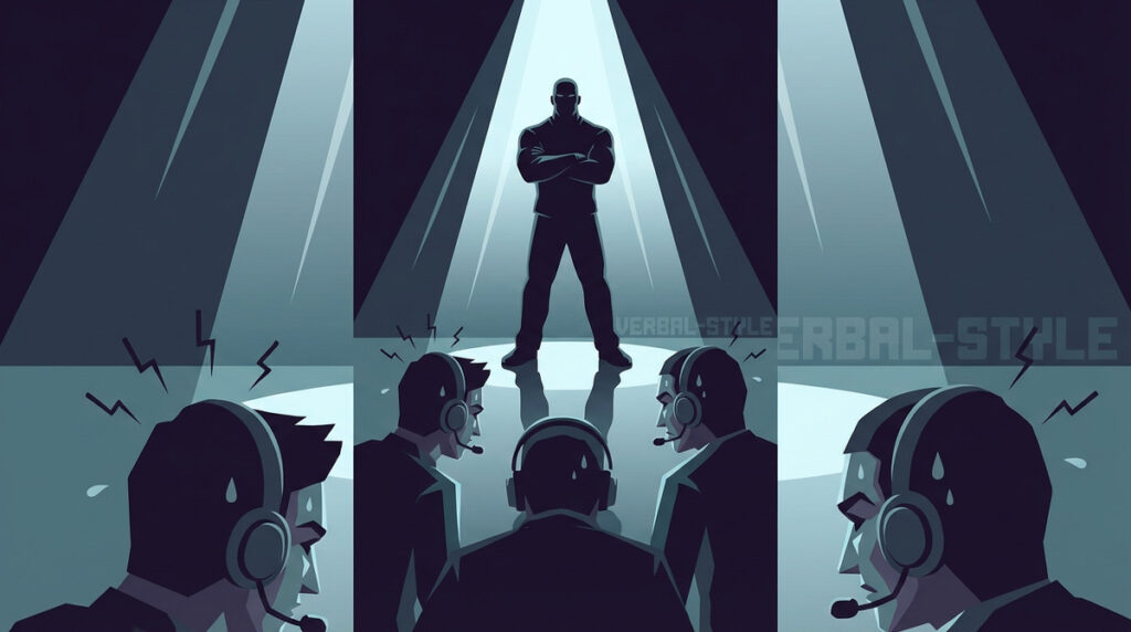 『Unpretty Rapstar : HIP POP Princess』第8話、レジェンドプロデューサーm-flo VERBAL登場シーンの張り詰めたスタジオの空気感を表現したイラスト。圧倒的なオーラに緊張する参加者たちのシルエット。