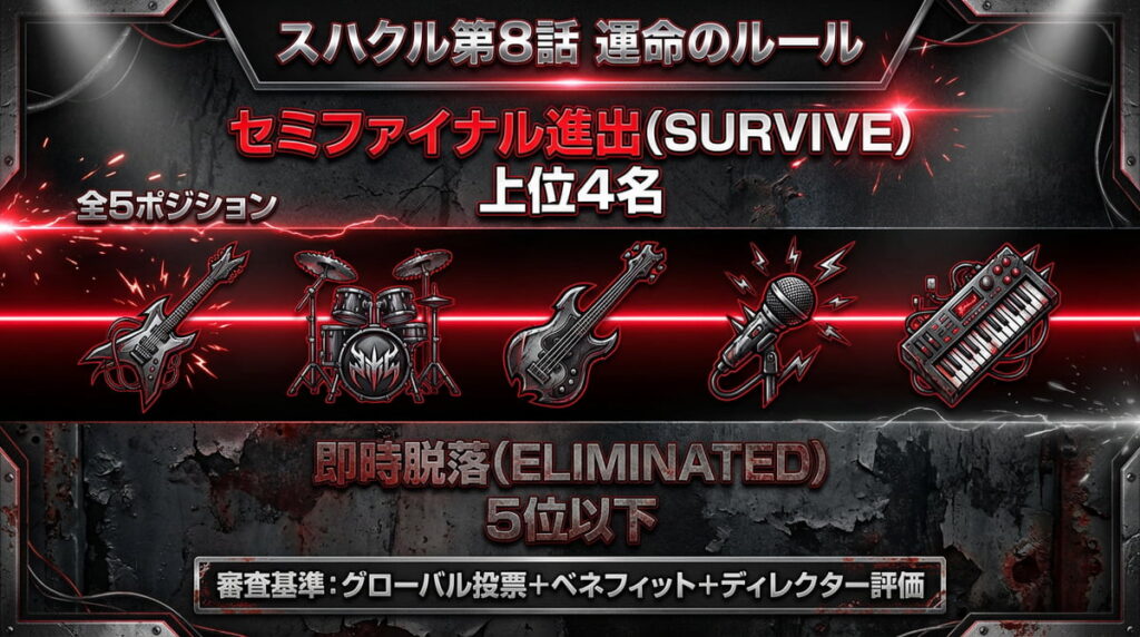 スハクル第8話のランキング結果ハイライト。全体1位のLee Yoonchanをはじめ、ドラム1位Hagiwa、ベース1位Mashaなど各ポジションのトップ通過メンバーと脱落ゾーンの対比イメージ。