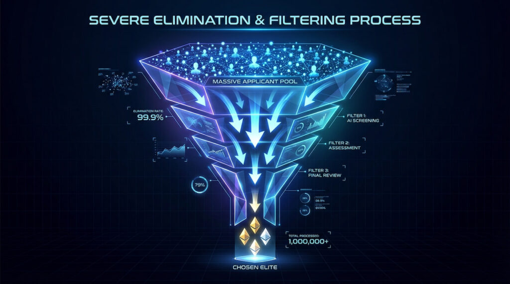 応募総数1万4000人から書類審査で300人、そして最終的に19人へと急激に絞り込まれる過程を表した図解