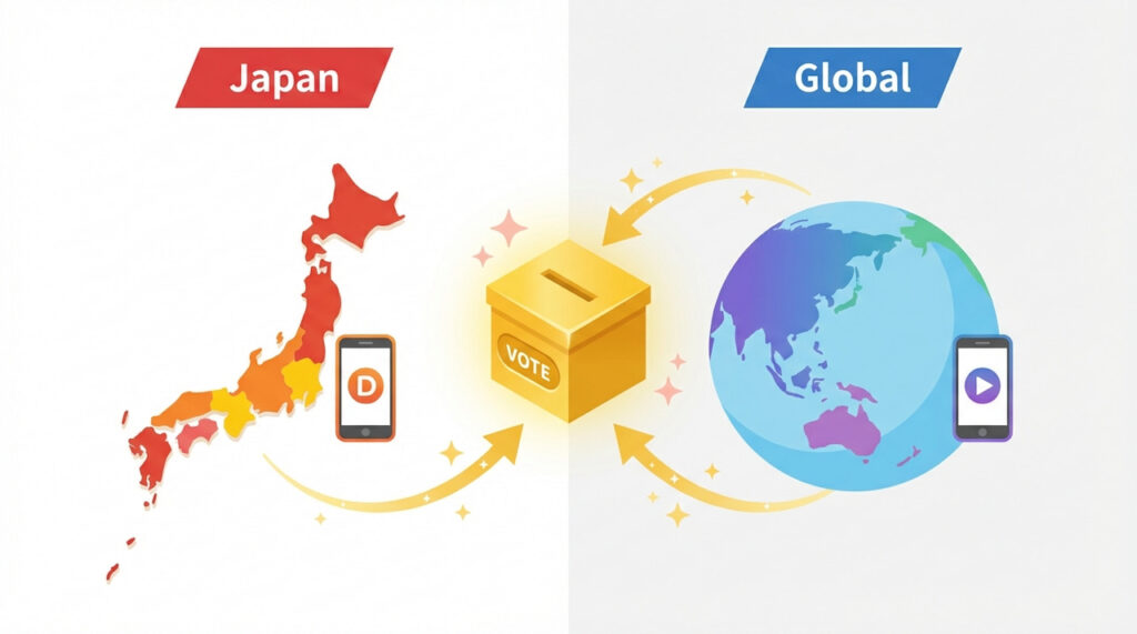 記事の核となる「居住地によって投票方法（使用ツール）が違う」という点を、ひと目で理解させるための比較図解