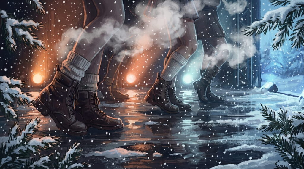 テキストで語られている「寒さと熱気のコントラスト」を、エモーショナルなイラストで表現