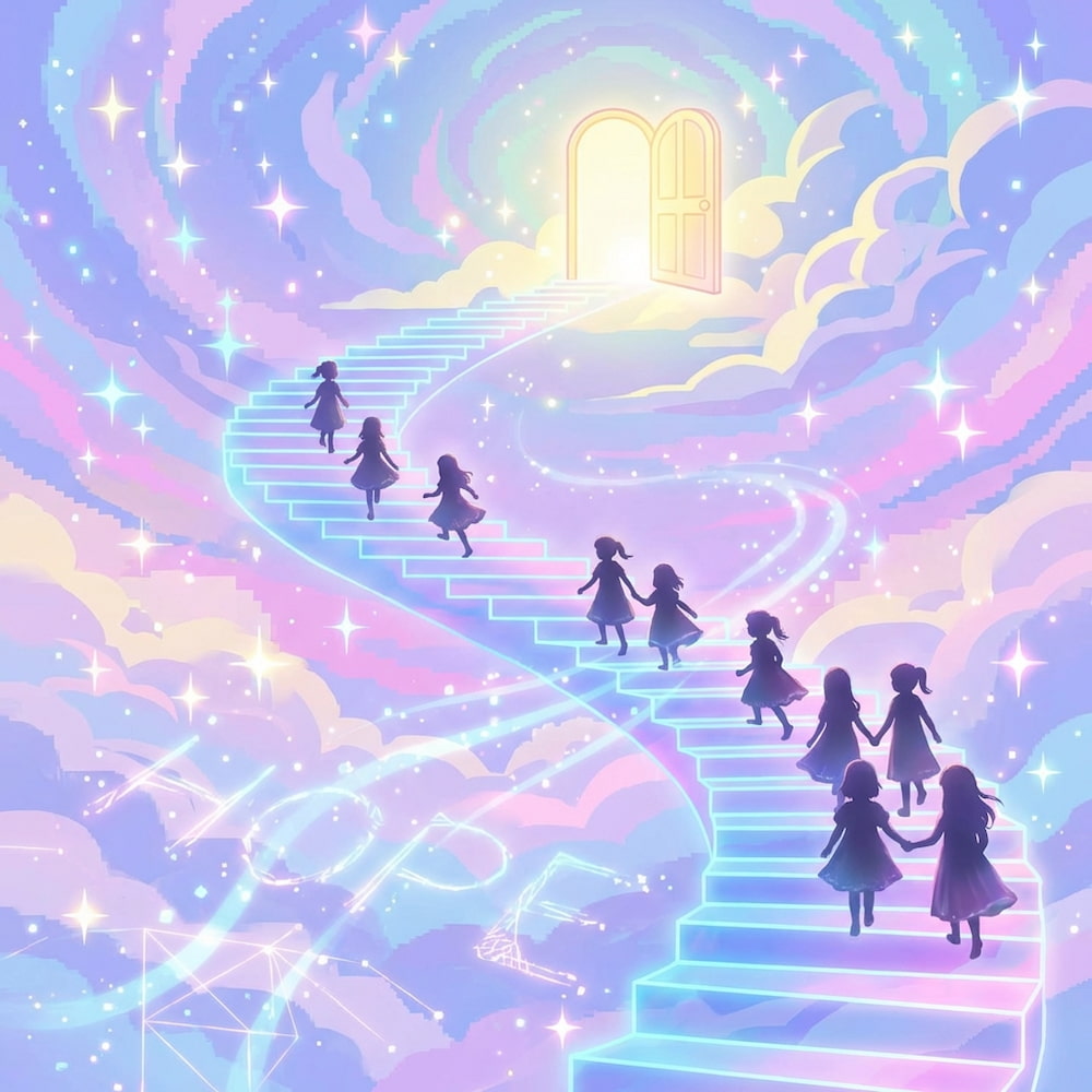 光の階段を登っていく10人の小さなシルエット、あるいは未来への扉が開くイメージ