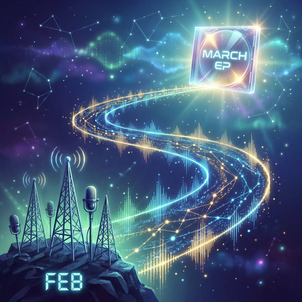 2月のメディア露出から、3月のEP発売までが「繋がっている道」であることを示す、概念的な挿絵