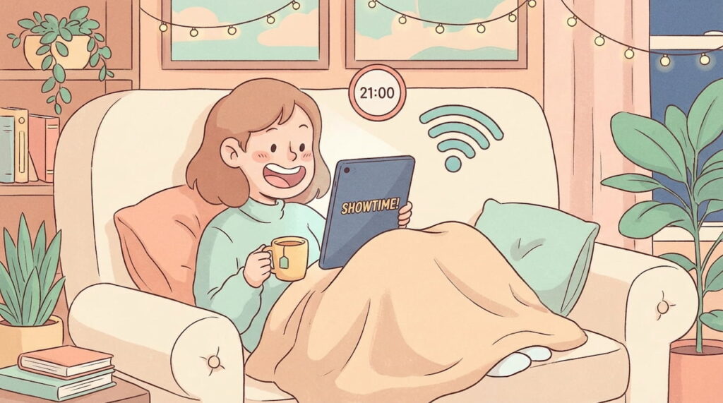 「注意点」のセクションに置くイラストです。 通信制限にかからないようにWi-Fiを使っている様子と、配信開始時間の21時に向けてワクワク待機している様子