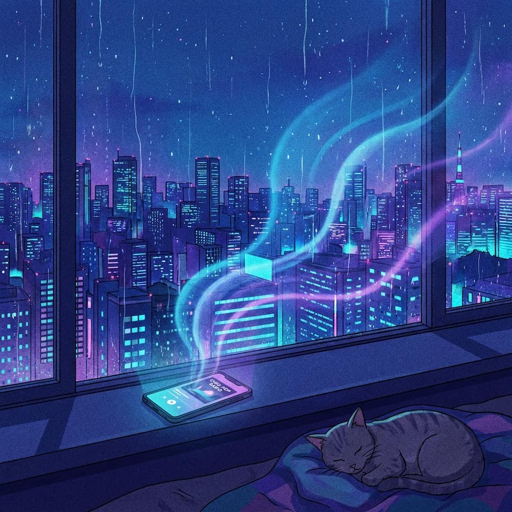 窓辺に置かれたラジオやスマホから、音の波形が光となって夜の街へ溶け込んでいく様子。