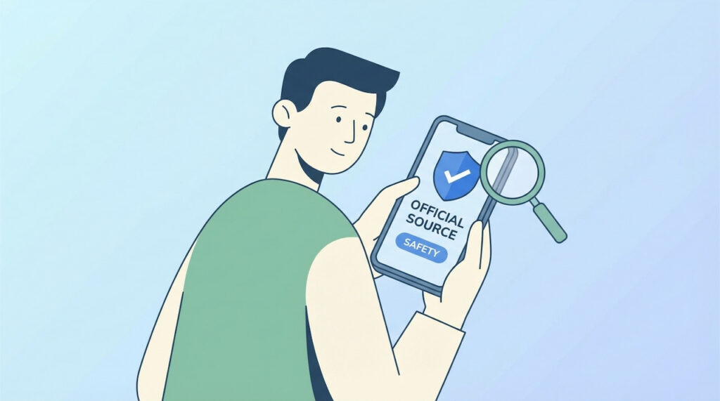 「注意点」のセクションに置くための、少し落ち着いたトーンのイラストです。SNSの噂に流されず、スマホで公式サイトをチェックしている様子