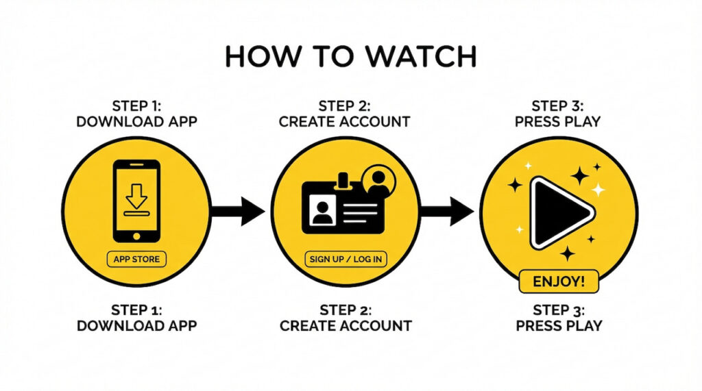 視聴までの流れが簡単であることを伝えるための、シンプルな3ステップ図解