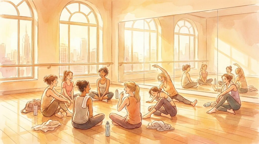 K-POP式の厳しいトレーニングと、その中で培われたチームワーク（HIGH&LOWミーティングなど）の雰囲気を、情緒的なイラスト