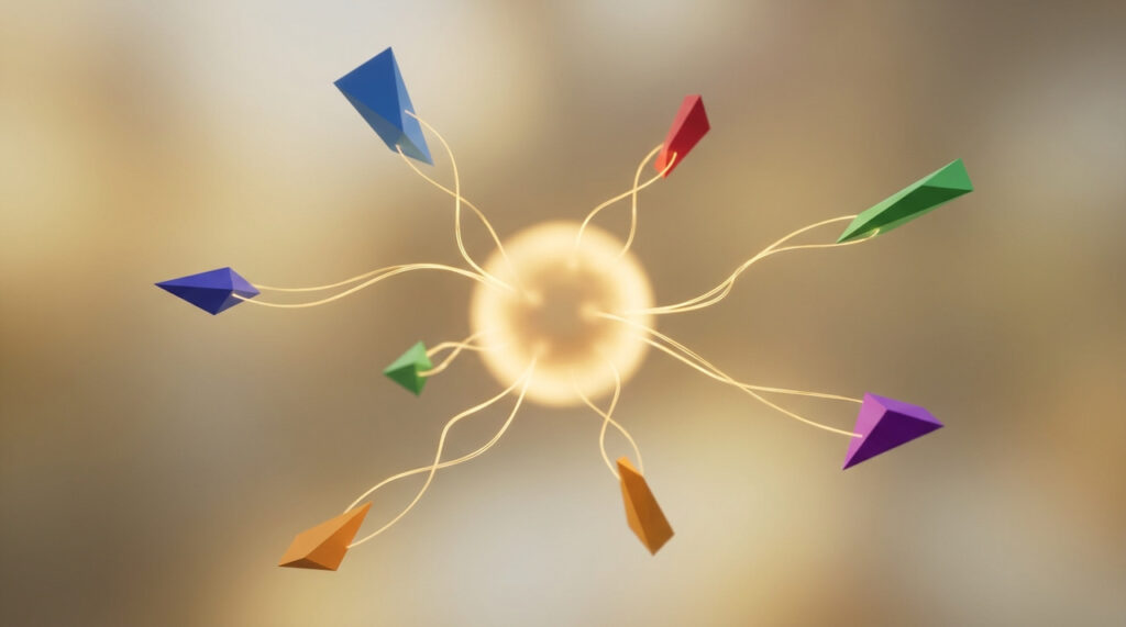 「調和」と「不可欠なピース」 個性の強いメンバーたち(尖った形状)の中で、ドイさんがそれらを繋ぐ滑らかなピースであることを表現