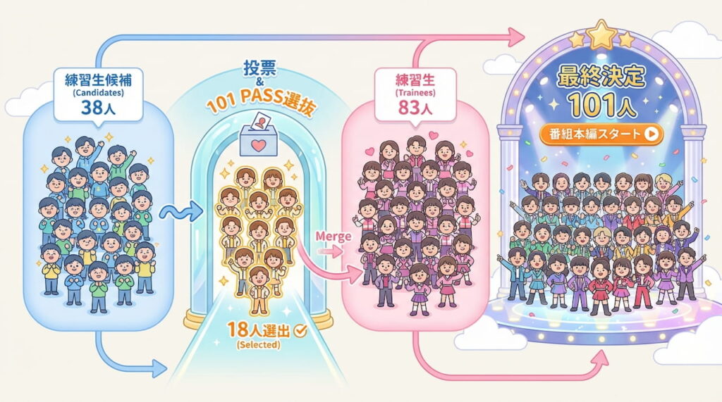テキストで説明した複雑な人数の流れを視覚的に補足します。「候補から選ばれた人が、既存の練習生と合流して101人になる」というプロセスを直感的に理解させるための重要な図解