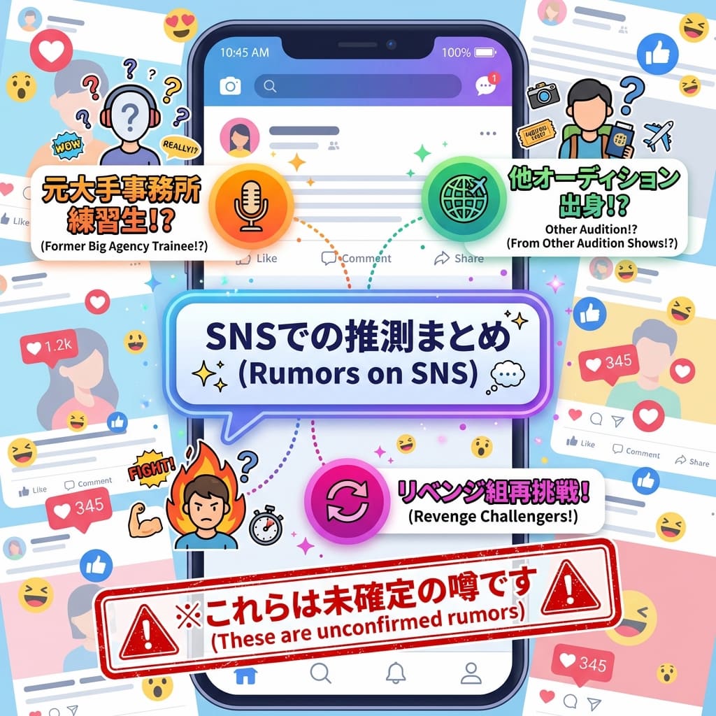 「誰が何と言われているか」という情報を、SNSのタイムラインを模した賑やかな図で表現