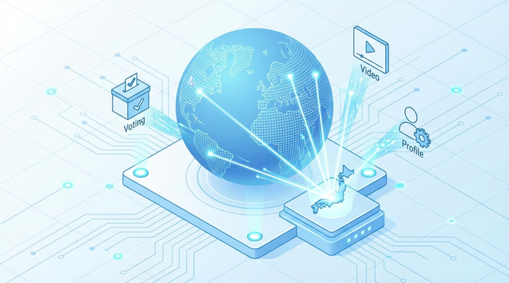 地球（グローバル）を中心に、様々な情報（投票、視聴、練習生）へアクセスがつながっている様子