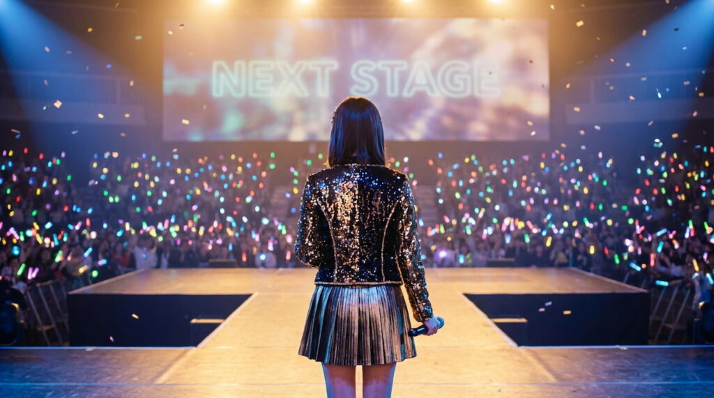 希望に満ちた明るいライティング。「兄の妹」ではなく「一人のスター」として輝く未来を象徴。