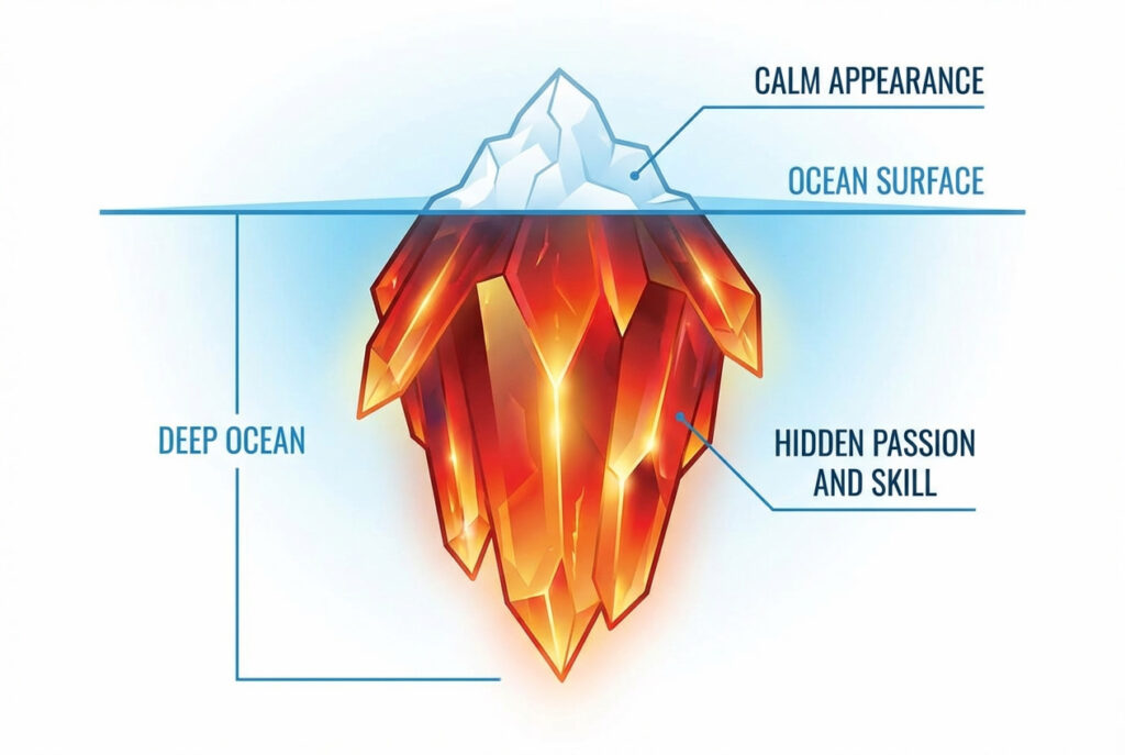 「見えている部分は氷山の一角」 「インパクトが弱い」という誤解に対し、水面下には巨大な努力と情熱(マグマや熱源)があることを示します。