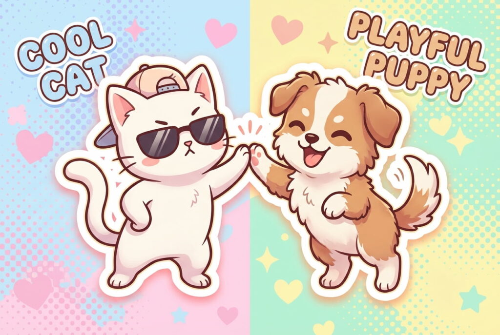 人物そのものを描くよりも、ファンが共有している「イメージ(猫と犬)」をマスコット化することで、記事の「ファン目線」への理解度を示します。