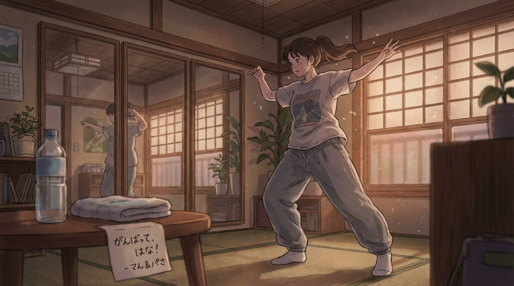 手前のテーブルに置かれた水、タオル、メモ書き（家族からの差し入れを示唆）。夕日が差し込む温かい光の演出で、ストイックな中にも家庭の温かさ