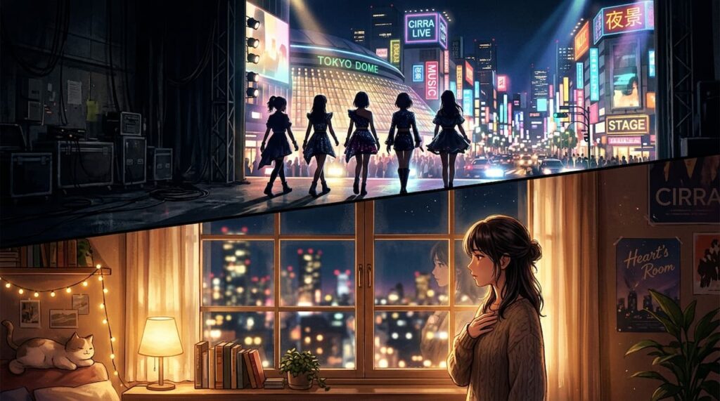 CIRRAの「Always」MVの世界観を表現した、現実世界に踏み出すメンバーと、心の部屋で揺れるメンバーを描いたイラスト。