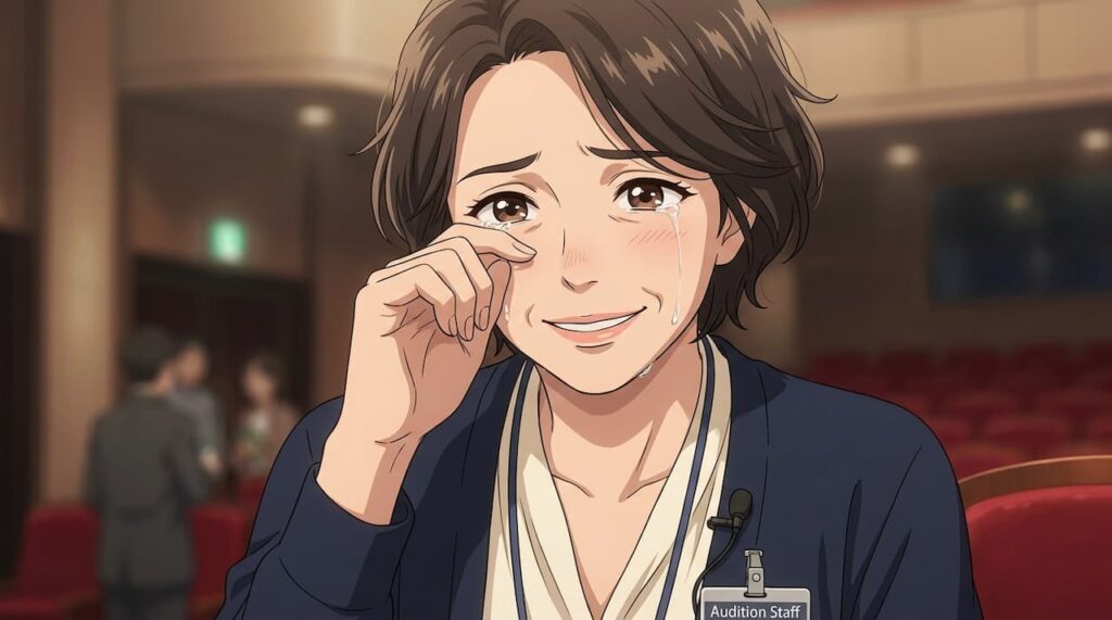 Aチームの圧巻のパフォーマンスと成長に感極まって涙を流すトレーナーを表現したイラスト