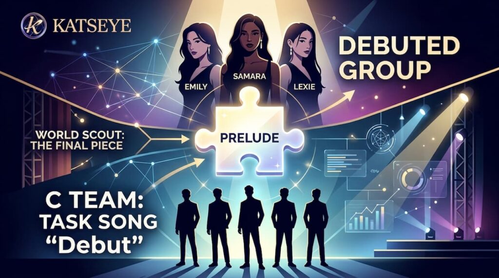 KATSEYEの「Debut」を課題曲としたCチームのドラマ性を表現した図解。PRELUDEへの最後の1人を選ぶプロジェクトにおいて、同じレーベルの楽曲での挑戦がCチームにとって「最難関の試練」であることを示している。