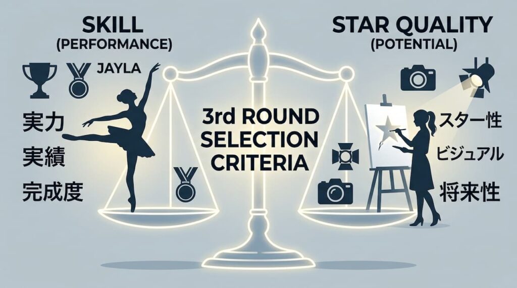 ワースカ第5話の結果が投げかけた、選考基準「スキル vs スター性（ポテンシャル）」の議論を整理した図解。実力を証明してきたJAYLAと、成長の可能性を評価された未経験のAOIを例に、審査員が重視した「白いキャンバスのようなスター性」を対比させている。
