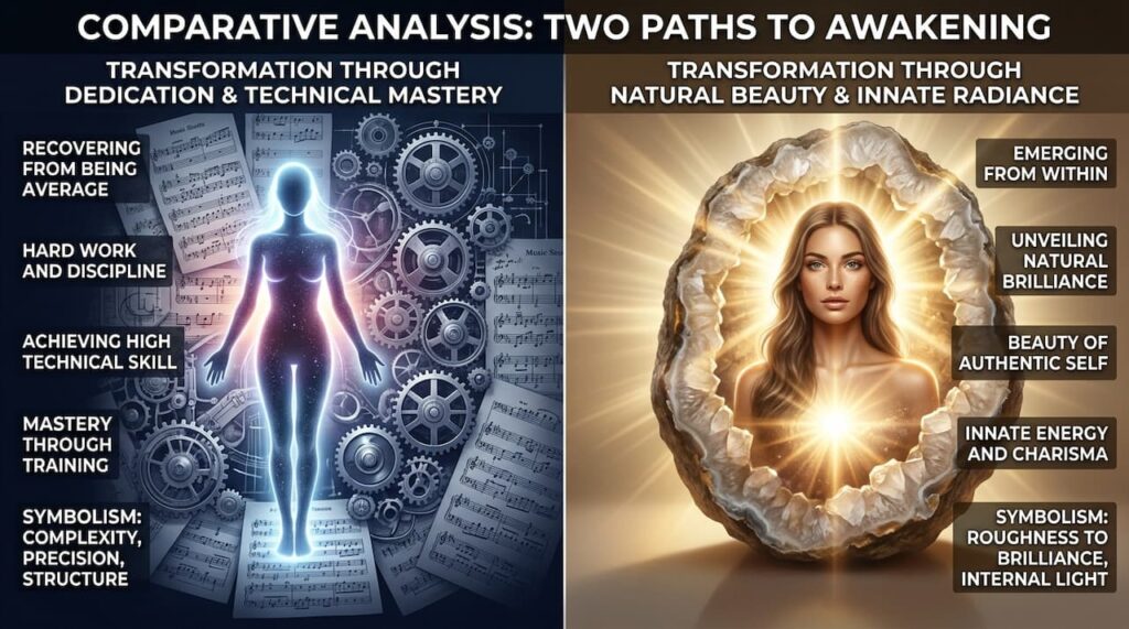 分割画面の図解。左は「挽回と技術」で、暗い背景から楽譜を背負って歌う少女が光り輝く様子。右は「原石とスター性」で、石の中からカメラを見つめる少女が眩しい光を放つ様子。2つの異なる覚醒を表現している。