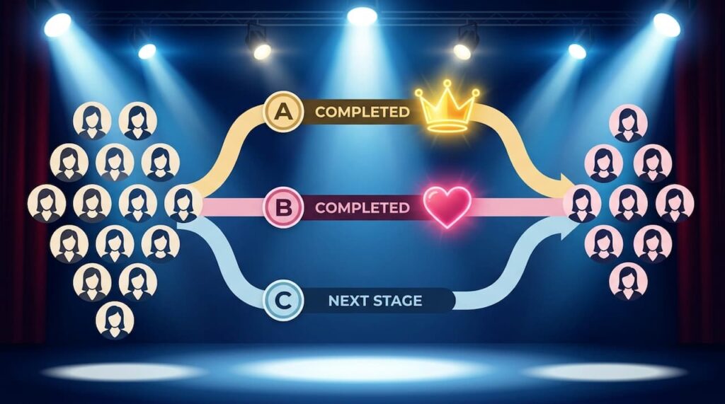 スタイリッシュなタイムライン図解。19人のアイコンから3つのルート（A, B, C）に分かれる。AとBには「COMPLETED」（完了）のラベルと、それぞれの課題曲をイメージしたアイコン。Cには「NEXT STAGE」（次）のラベル。ルートが合流し、12人のアイコンへ。背景には緊張感のあるステージ。