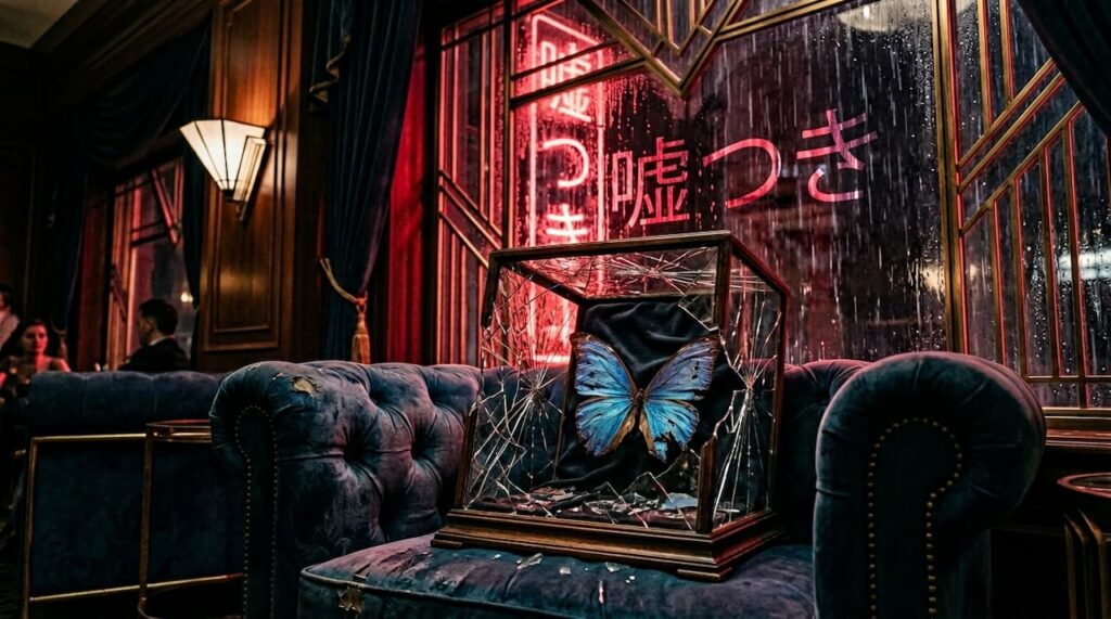 薄暗いラウンジの椅子に置かれた、砕けた青い蝶の標本。STARGLOW「USOTSUKI」が描く「嘘」と「激重ラブソング」の不穏で美しい世界観。