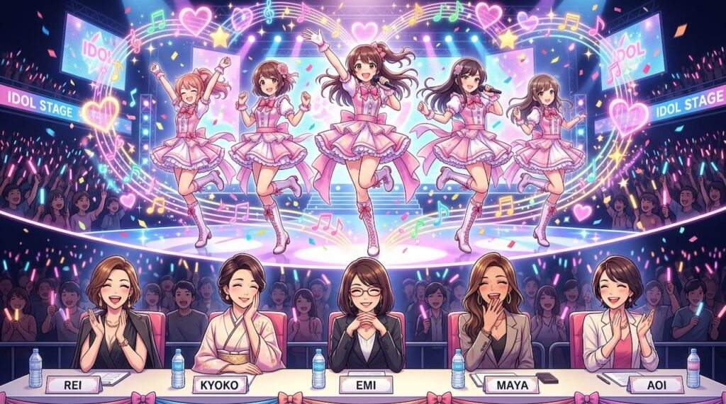 5人の少女がピンクと白のパステルカラーの衣装で、一体となって踊っている。彼女たちの周りに大きなハートや星の光の渦が巻き、「化学反応」のように混ざり合っている。スタジオの審査員席の女性たちが笑顔で拍手している。