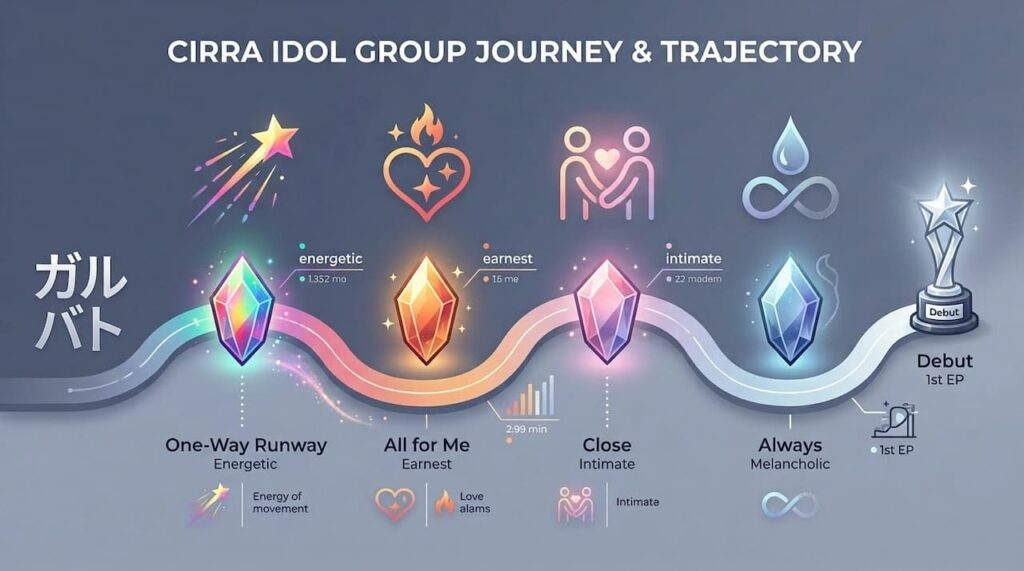 CIRRAの1st EPに収録された4曲が、デビューまでの軌跡とそれぞれの感情をどう表現しているかを示すタイムライン風の図解。