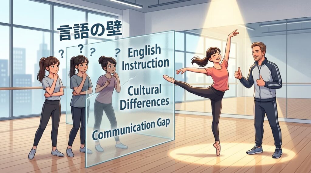 ダンススタジオで、英語の指示に戸惑う3人の参加者と、スポットライトを浴びて完璧に踊る1人の参加者(AYANA)の対比を描いた図解。