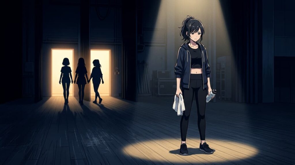 リハーサル室でひとり窓の光を浴びてたたずむ女性のイラスト|HIORI辞退シーンのイメージ