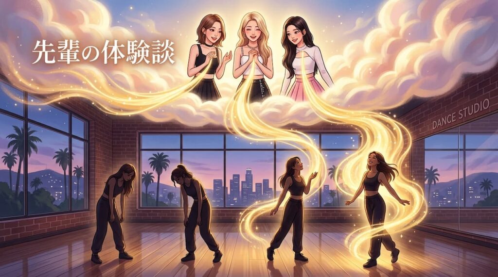 世界で活躍するK-POP先輩グループの女性メンバーの言葉が、下(暗闇)にいる4人の挑戦者へ温かい光となって届いているイラスト。