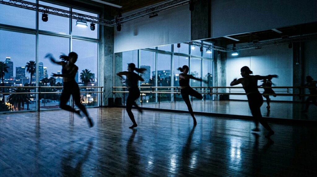 LAのスタジオで4人が向き合うトレーニングのイメージ