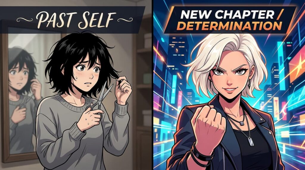 黒髪を切り落とし、強い目をした金髪の女性が前を見据える、覚悟を表現したイラスト。