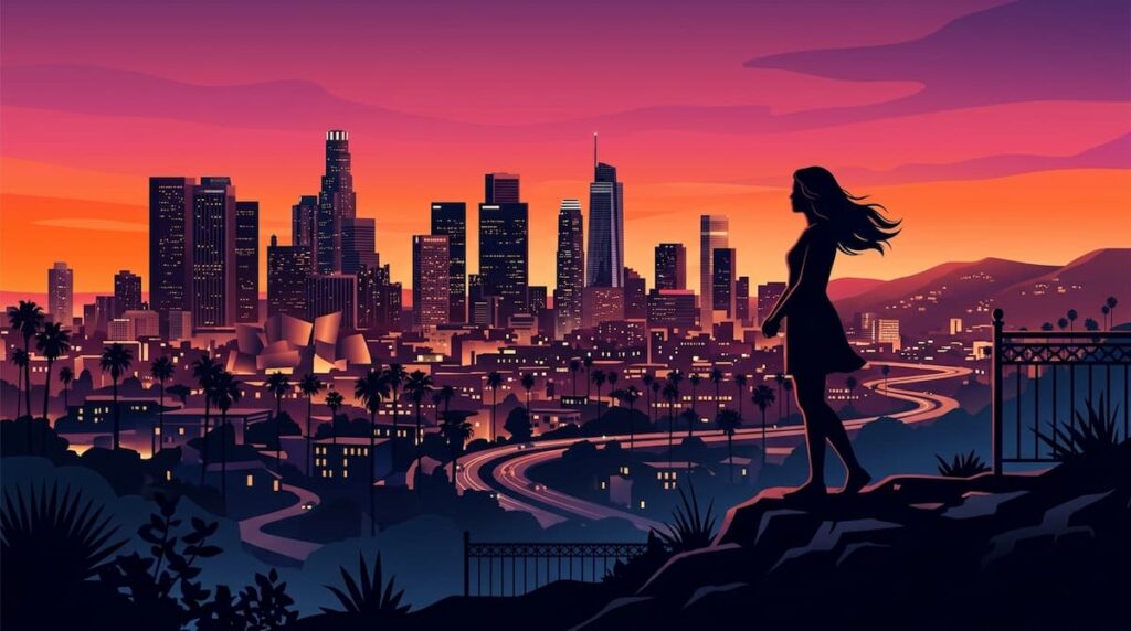 夕暮れのロサンゼルスを見つめる女性のシルエットイラスト|ファイナルミッションのイメージ