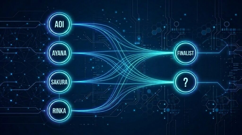 SAKURAさん、RINKAさん、AYANAさん、AOIさんの4人の中から、最終審査に進む2名が選ばれる過酷な選考プロセスを示す図解背景