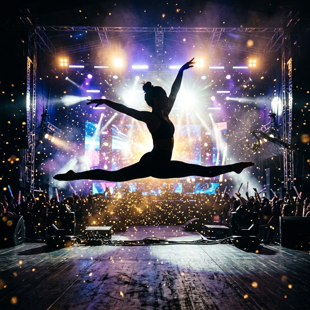 未経験で体が硬い状態から努力を重ね、中間審査のステージで大技のスプリットを見事に成功させた15歳のSAKURAさんのシルエットイラスト