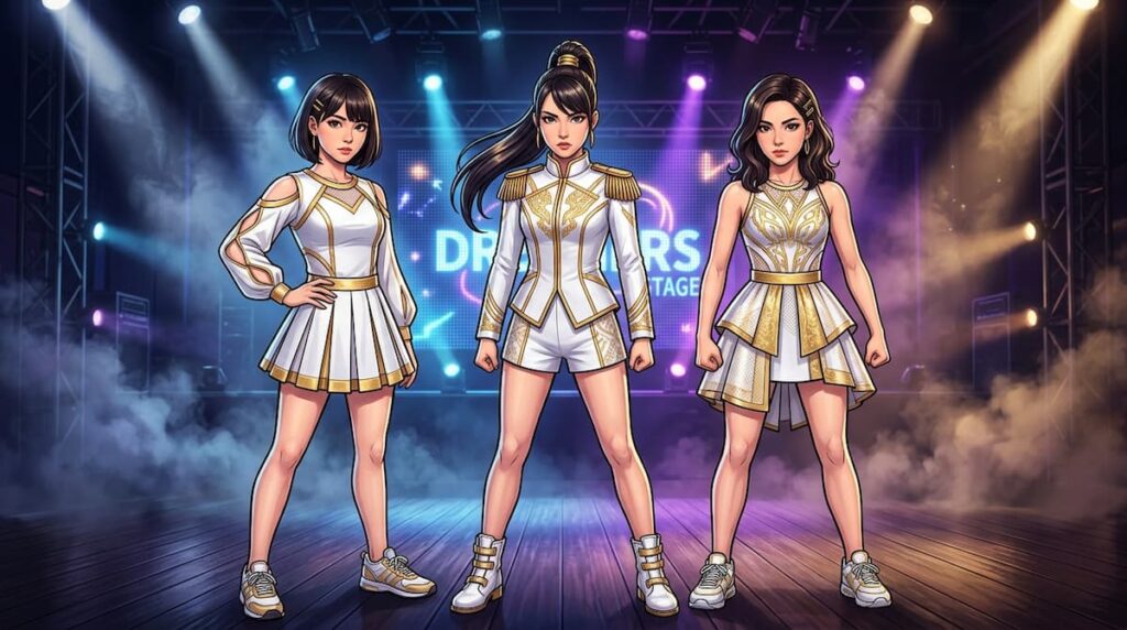 ステージに向かって並び立つ3人の女性イラスト|三次審査を突破したAOI・AYANA・SAKURA