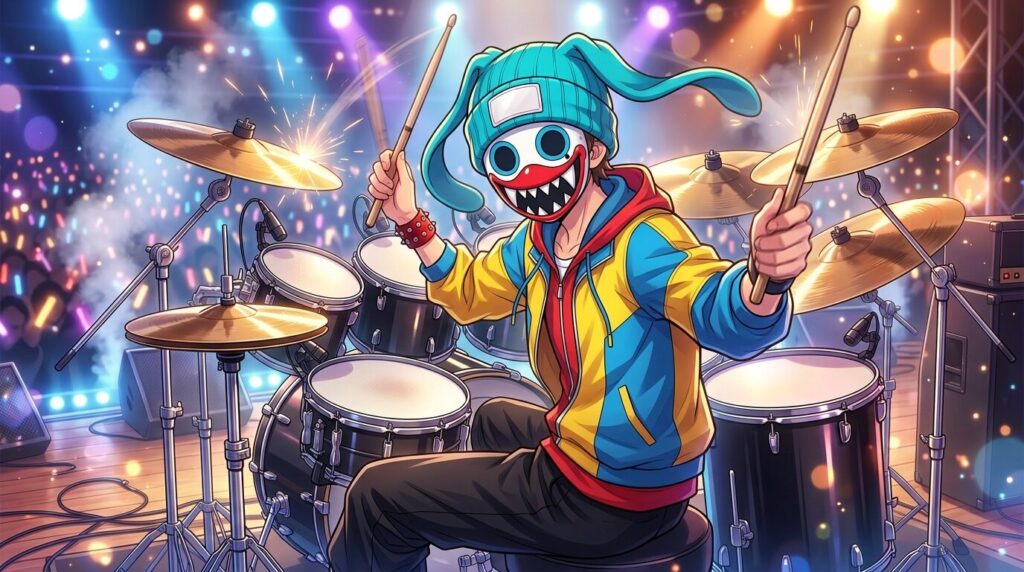 ドラムセットの前で満面の笑みを見せる「ベビードラマー」ことHAGIWAさんのイメージイラスト。