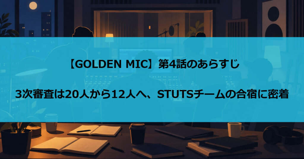 【GOLDEN MIC】第4話のあらすじ｜3次審査は20人から12人へ、STUTSチームの合宿に密着